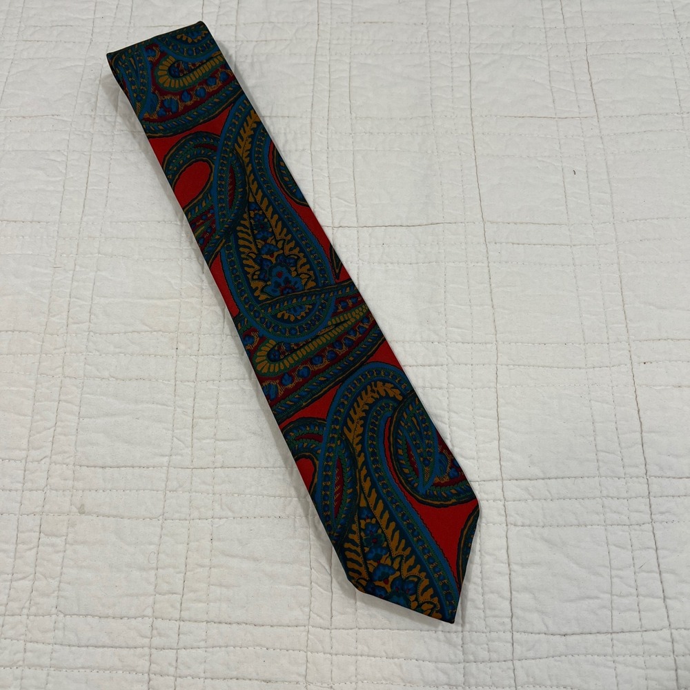 Paul Stuart Red Blue Gold Paisley Tie Made in England Mens Classic Wide 3.5"